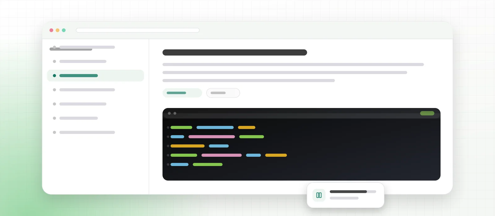 A documentation page in a browser window: a contents rail down the left with the current guide highlighted, a written section beside it, and a dark code sample below.
