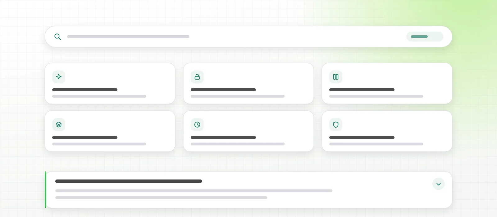 A help centre layout: a search field above six topic tiles for getting started, security, guides, account, billing and privacy, with one FAQ answer expanded below.