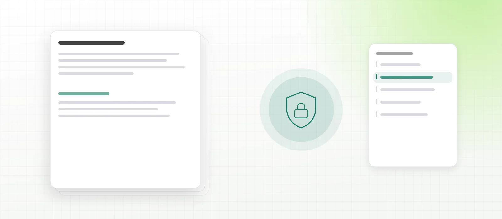A privacy policy document beside a shield-and-padlock mark and a clause index, standing for encrypted, access-controlled data.