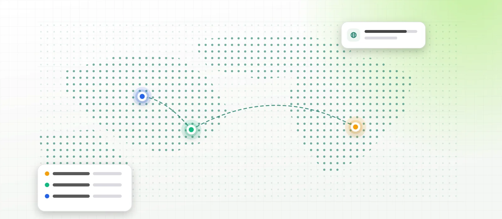 Dot-matrix map of the Middle East and India with the three FlowZa hubs marked — Dubai, Muscat and Bengaluru — linked by dashed flight paths.